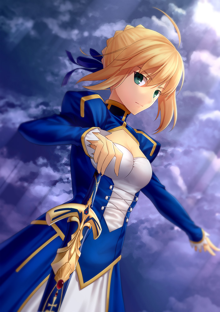 1girl ahoge blonde_hair caliburn dress fate/stay_night fate_(series) green_eyes hair_ribbon kai_(link2262) planted_sword planted_weapon ribbon saber sheath sheathed solo sword weapon