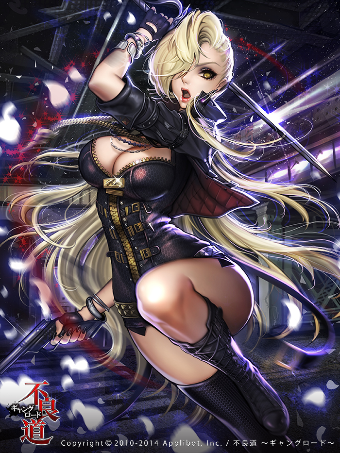 1girl blonde_hair boots bracelet breasts cleavage cross-laced_footwear dadachyo full-length_zipper furyou_michi_~gang_road~ gun hair_over_one_eye handgun jacket jewelry long_hair makeup necklace open_mouth petals saber_(weapon) solo sword very_long_hair weapon yellow_eyes zipper