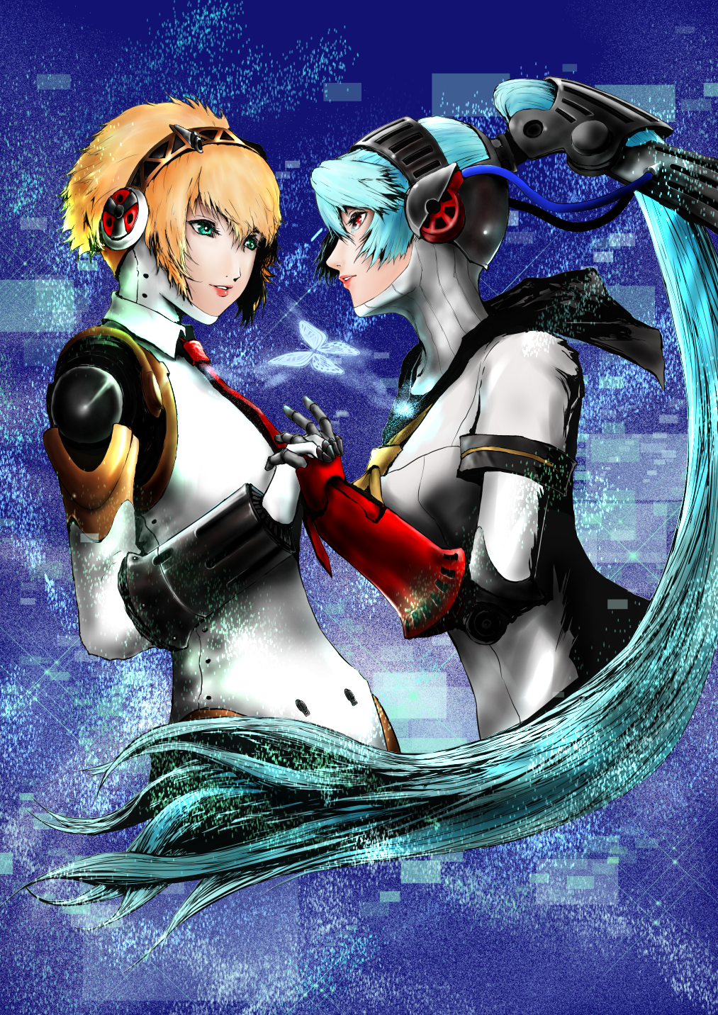 2girls aegis aegis_(persona) android blonde_hair blue_hair highres labrys long_hair multiple_girls persona persona_3 persona_4 persona_4:_the_ultimate_in_mayonaka_arena ponytail red_eyes short_hair smile yuu_(primenumber7)