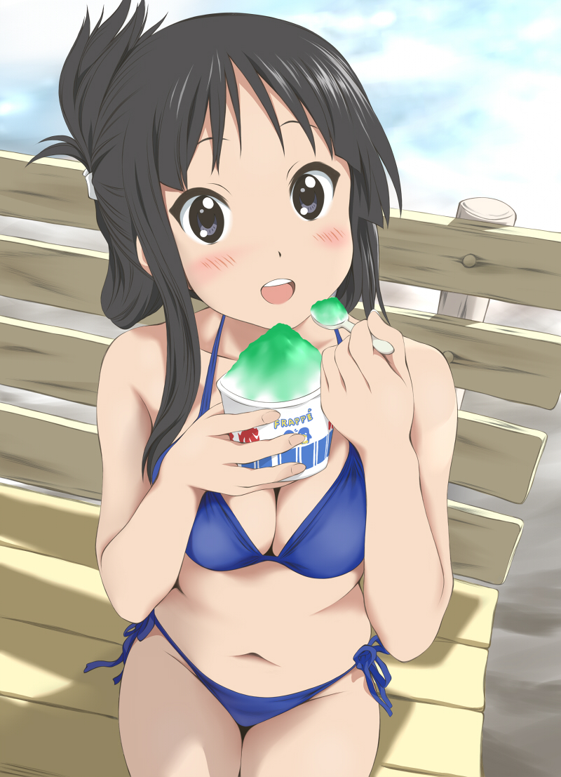 1girl akiyama_mio bench bikini black_eyes black_hair blush breasts cleavage eating folded_hair food from_above k-on! keisuke_(0320030103200301) long_hair looking_at_viewer navel open_mouth shaved_ice sitting solo spoon swimsuit