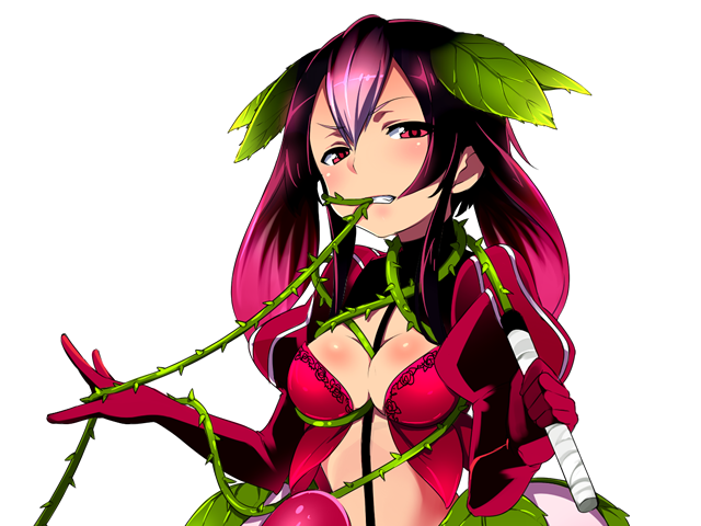 1girl ayakashi_onmyouroku between_breasts blush breasts cleavage gradient_hair holding impossible_clothes leaf long_sleeves midriff mouth_hold multicolored_hair official_art pink_eyes pink_hair puffy_long_sleeves puffy_sleeves purple_hair rose_whip_(ayakashi) sama solo thorns transparent_background vines whip