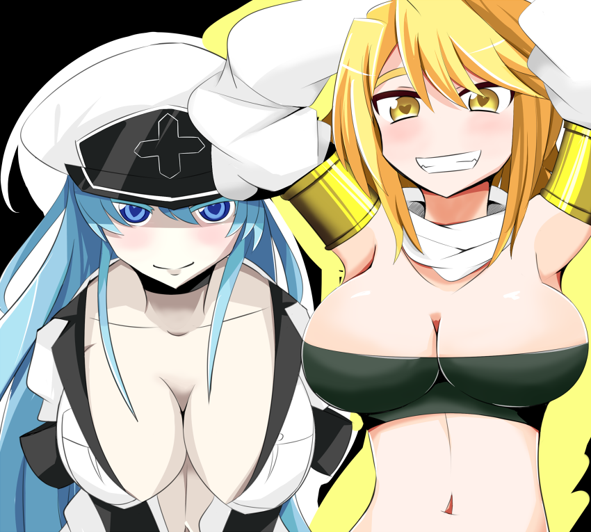 2girls akame_ga_kill! arms_up blonde_hair blue_eyes blue_hair breasts cleavage esdeath grin heart heart-shaped_pupils karatakewari large_breasts leaning_forward leone long_hair looking_at_viewer multiple_girls navel smile symbol-shaped_pupils