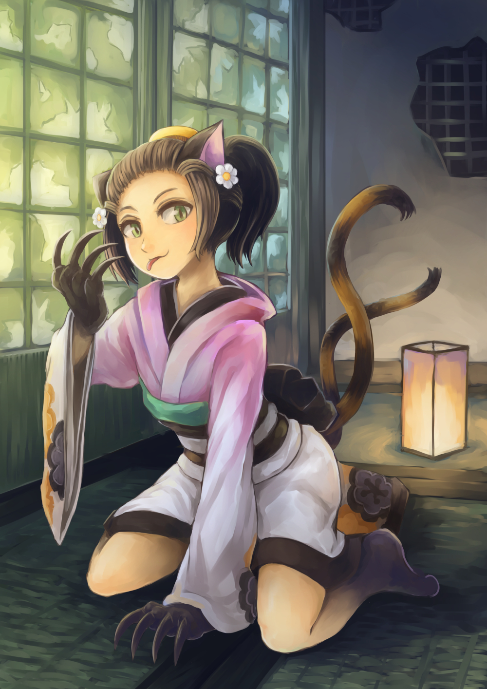 1girl animal_ears animal_hand brown_hair cat_ears cat_tail claws flower green_eyes hair_comb hair_flower hair_ornament highres japanese_clothes kimono kneeling lantern long_sleeves looking_at_viewer multiple_tails obi oboro_muramasa okoi_(oboro_muramasa) paper_lantern sash solo tail tongue tongue_out vanillaware wide_sleeves