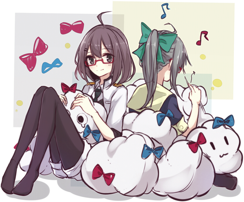 2girls berukko bespectacled black_legwear bow failure_penguin female_admiral_(kantai_collection) glasses green_hair hair_bow kantai_collection knees_together_feet_together knees_up looking_at_viewer military military_uniform multiple_girls musical_note naval_uniform necktie needle no_shoes pantyhose ponytail red-framed_glasses sailor_collar semi-rimless_glasses sewing sewing_needle shorts sitting smile uniform yuubari_(kantai_collection)