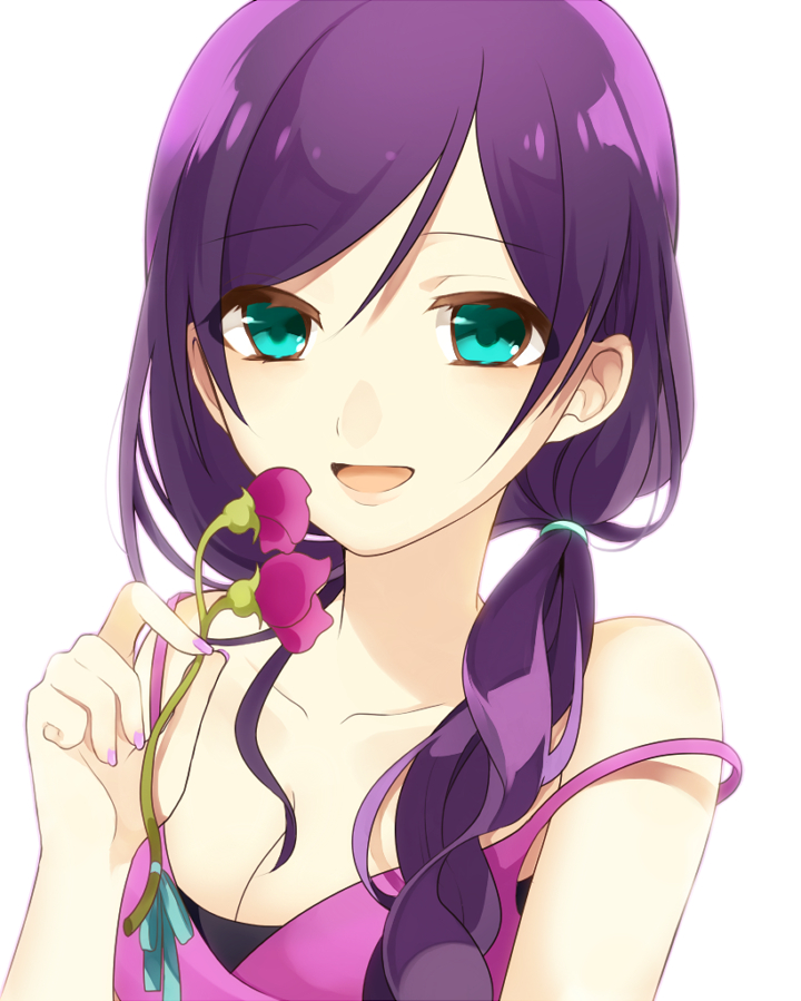 1girl aqua_eyes bare_shoulders blush chisumi flower long_hair love_live!_school_idol_project open_mouth purple_hair side_ponytail simple_background smile solo toujou_nozomi white_background