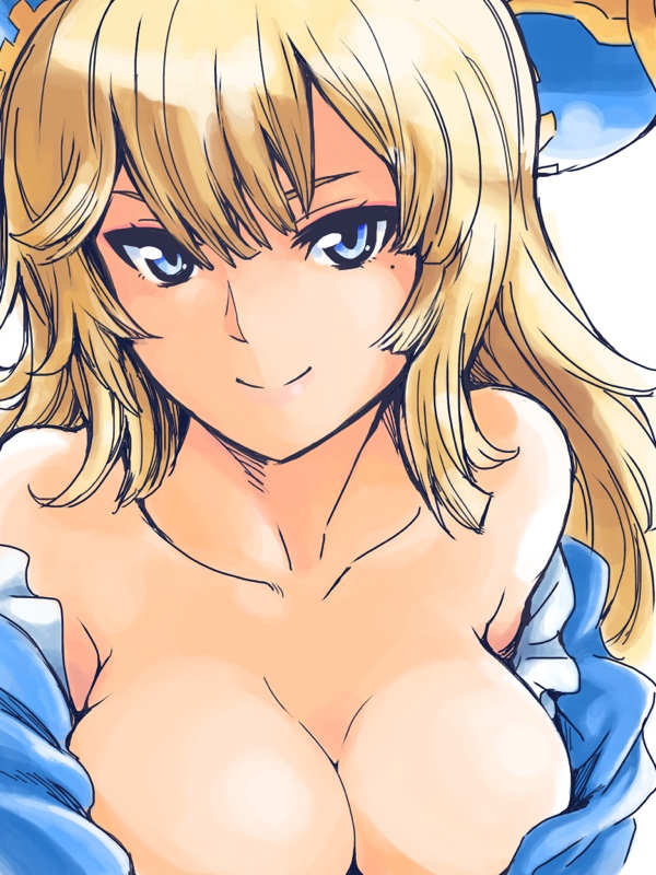 1girl awilda_(p&amp;d) bare_shoulders blonde_hair blue_eyes breasts cleavage collarbone hat ishiyumi large_breasts long_hair mole mole_under_eye off_shoulder pirate_hat puzzle_&amp;_dragons smile solo