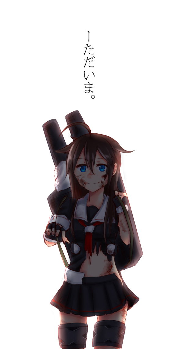 1girl ahoge black_gloves black_serafuku black_skirt blue_eyes brown_hair bruise burnt_clothes cannon commentary fingerless_gloves gloves hair_flaps injury kairoushu_(dones01127) kantai_collection long_hair machinery necktie pleated_skirt school_uniform serafuku shigure_(kantai_collection) skirt smile solo torn_clothes translated