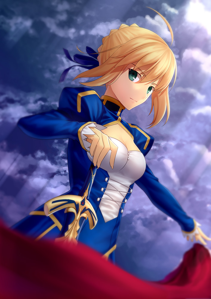 1girl ahoge blonde_hair caliburn cloth dress fate/stay_night fate_(series) green_eyes hair_ribbon kai_(link2262) planted_sword planted_weapon ribbon saber sheath sheathed solo sword weapon