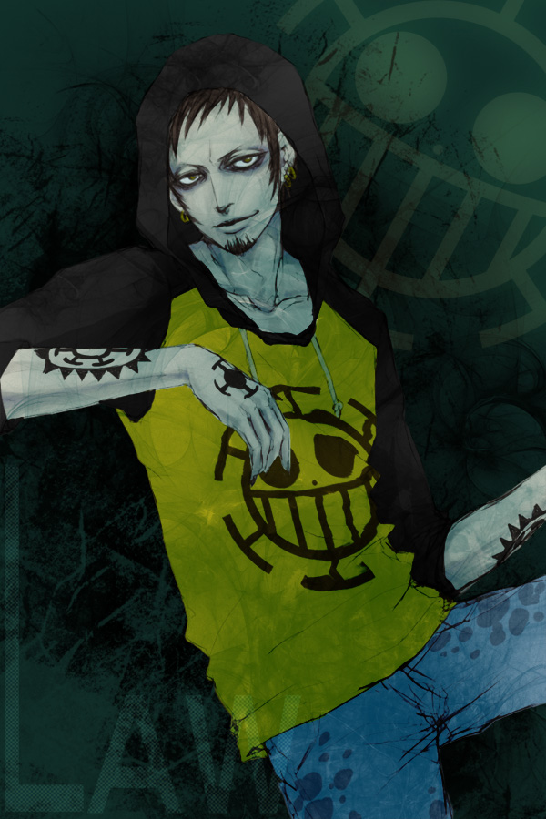 1boy artist_request brown_hair character_name earrings facial_hair jeans jewelry male one_piece raglan_sleeves short_hair solo source_request tattoo trafalgar_law