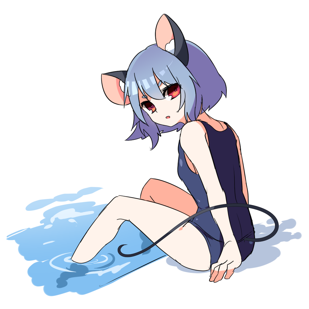 &gt;:o 1girl :o animal_ears arm_support blue_hair kozakura_(dictionary) legs looking_at_viewer mouse_ears mouse_tail nazrin partially_submerged red_eyes school_swimsuit short_hair solo swimsuit tail touhou