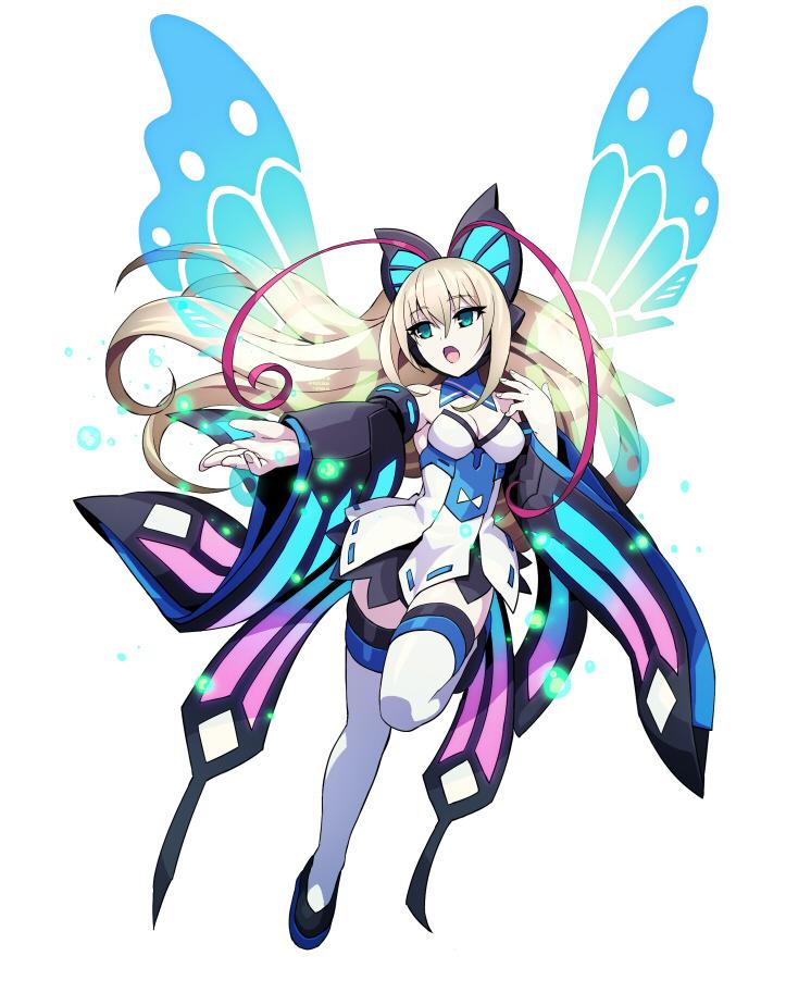 1girl artist_request azure_striker_gunvolt bare_shoulders blonde_hair breasts butterfly_hair_ornament butterfly_wings cleavage detached_sleeves hair_ornament long_hair lumen_(gunvolt) multicolored_hair official_art redhead simple_background solo thighhighs two-tone_hair wide_sleeves wings