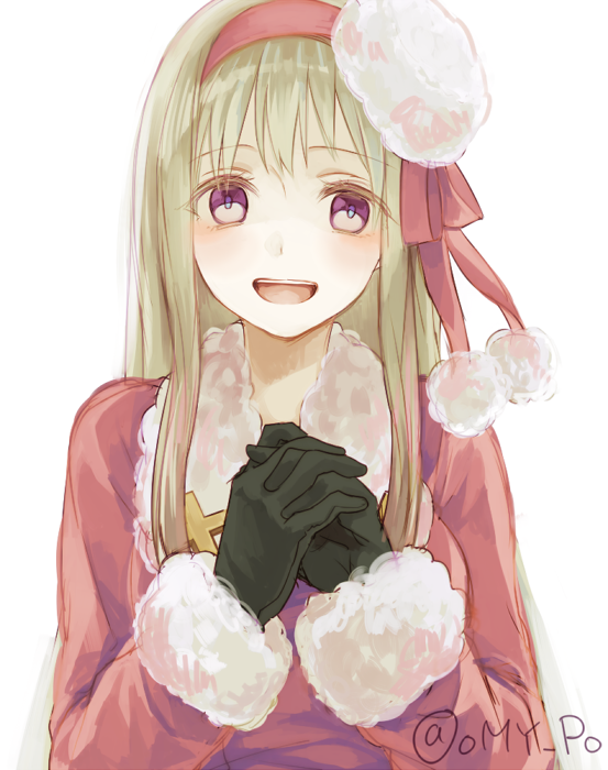 1girl :d axis_powers_hetalia black_gloves blonde_hair coat fur_trim genderswap gloves hairband hands_clasped hat interlocked_fingers long_hair long_sleeves looking_at_viewer open_mouth pom_pom_(clothes) russia_(hetalia) simple_background smile solo twitter_username violet_eyes white_background wowishi