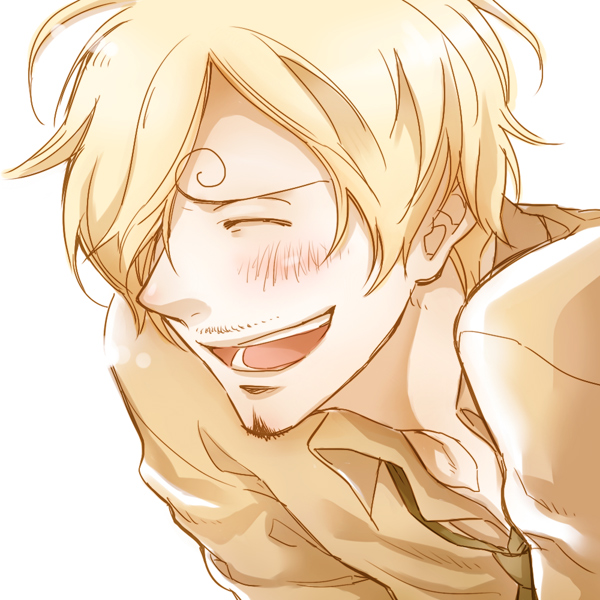 1boy artist_request blonde_hair blush closed_eyes facial_hair goatee laughing male one_piece open_mouth sanji short_hair smile solo source_request