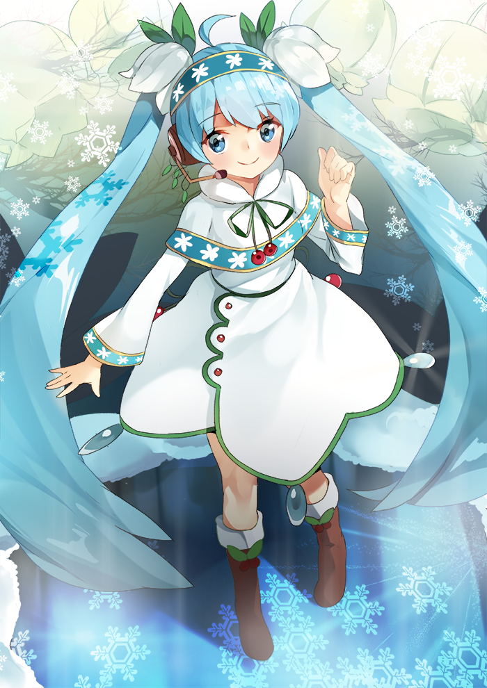 1girl ahoge blue_eyes blue_hair boots hatsune_miku headset long_hair looking_at_viewer shovelwall smile snowdrop_(flower) snowflakes solo twintails very_long_hair vocaloid yuki_miku