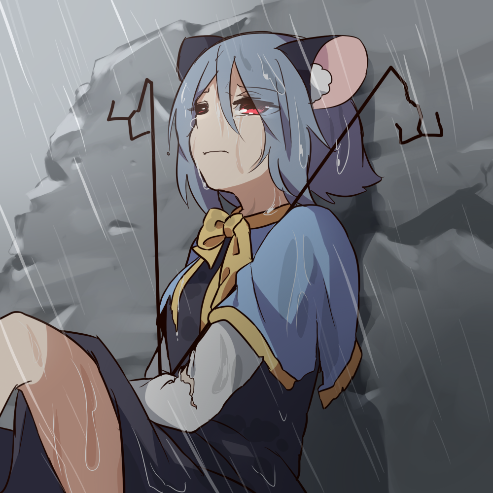 1girl capelet crying crying_with_eyes_open damaged dowsing_rod dress kozakura_(dictionary) nazrin rain red_eyes sad silver_hair sitting tears thighs torn_clothes touhou wet