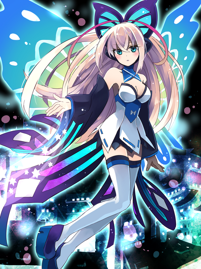 1girl artist_request azure_striker_gunvolt bare_shoulders blonde_hair breasts butterfly_hair_ornament butterfly_wings cleavage detached_sleeves hair_ornament long_hair lumen_(gunvolt) multicolored_hair redhead solo star thighhighs two-tone_hair wide_sleeves wings