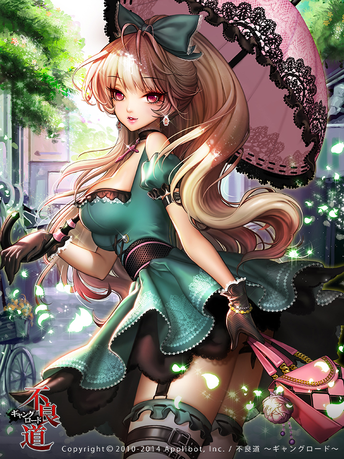 1girl bag bare_shoulders blonde_hair bow breasts choker cleavage dadachyo dress earrings frills from_side furyou_michi_~gang_road~ garter_straps gloves green_dress hair_bow handbag jewelry long_hair outdoors parasol parted_lips petals ponytail red_eyes solo sparkle thigh-highs thigh_strap thighs umbrella zettai_ryouiki