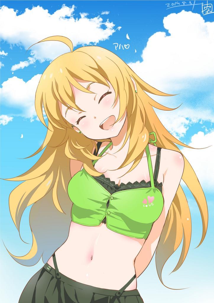 1girl :d ^_^ ahoge arms_behind_back bare_shoulders blonde_hair camisole closed_eyes hoshii_miki idolmaster inoue_sora long_hair midriff navel open_mouth revision skirt smile solo