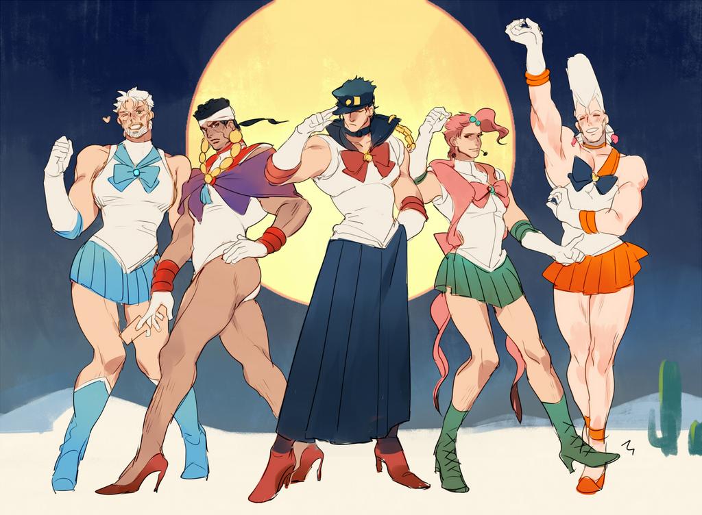 5boys artist_request bishoujo_senshi_sailor_moon blue_skirt boots cosplay crossdressinging crossover inner_senshi jean_pierre_polnareff jojo_no_kimyou_na_bouken joseph_joestar kakyouin_noriaki kuujou_joutarou mohammed_avdol moon multiple_boys sailor_jupiter sailor_jupiter_(cosplay) sailor_mars sailor_mars_(cosplay) sailor_mercury sailor_mercury_(cosplay) sailor_moon sailor_moon_(cosplay) sailor_senshi sailor_venus sailor_venus_(cosplay) shirt short_hair sketch skirt tagme