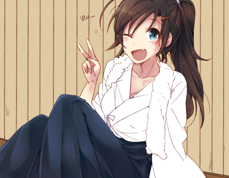 1girl against_wall blue_eyes breasts brown_hair character_request cleavage closers dougi fang hakama japanese_clothes sitting six_(fnrptal1010) solo sweat towel towel_around_neck v