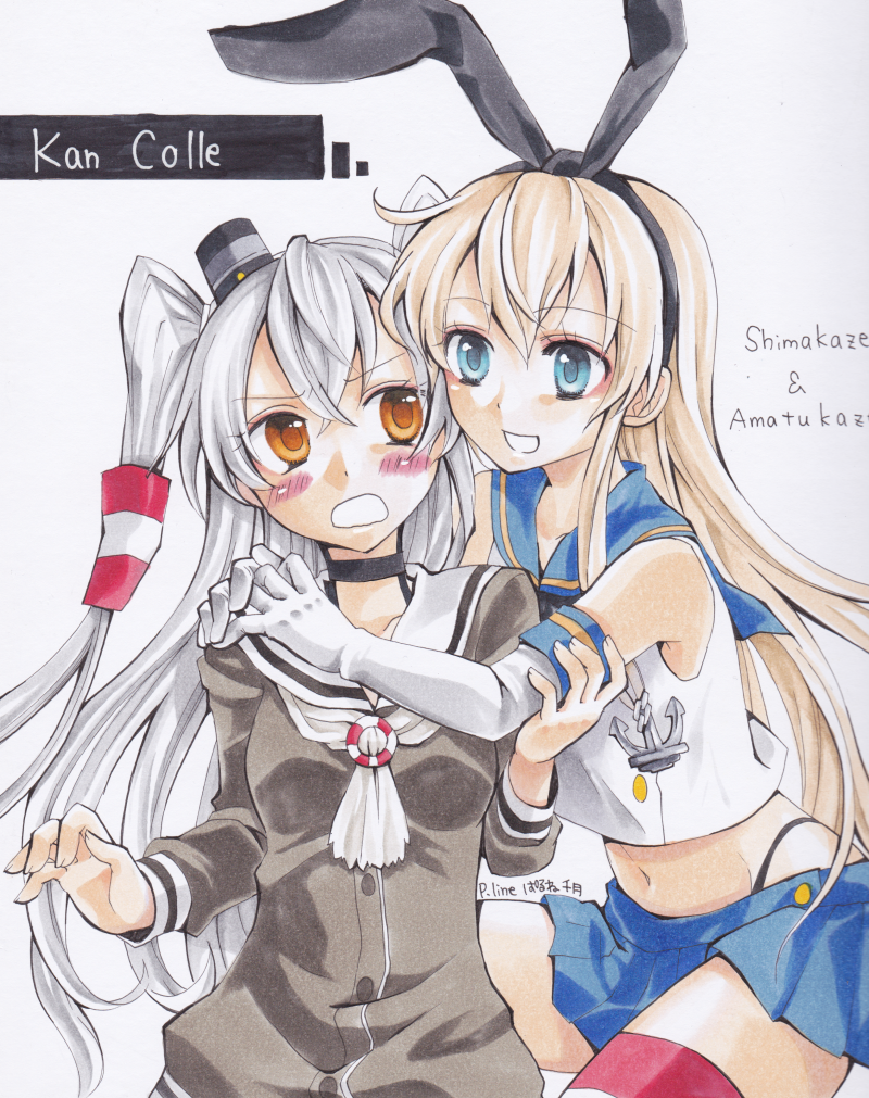 2girls :d amatsukaze_(kantai_collection) anchor_hair_ornament blonde_hair blue_eyes blush brown_eyes character_name choker copyright_name elbow_gloves gloves hair_tubes hairband hug hug_from_behind kantai_collection long_hair multiple_girls navel open_mouth p-line pleated_skirt school_uniform serafuku shimakaze_(kantai_collection) silver_hair skirt smile striped striped_legwear thigh-highs traditional_media two_side_up zettai_ryouiki