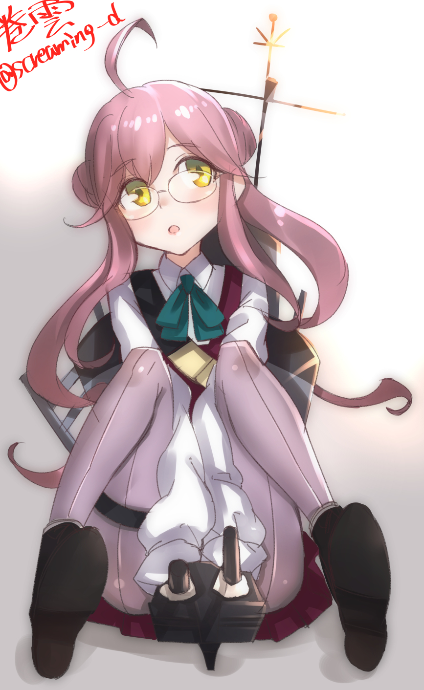 1girl ahoge double_bun glasses highres inuhasiru kantai_collection long_hair machinery makigumo_(kantai_collection) open_mouth pantyhose pink_hair sitting sleeves_past_wrists solo turret yellow_eyes