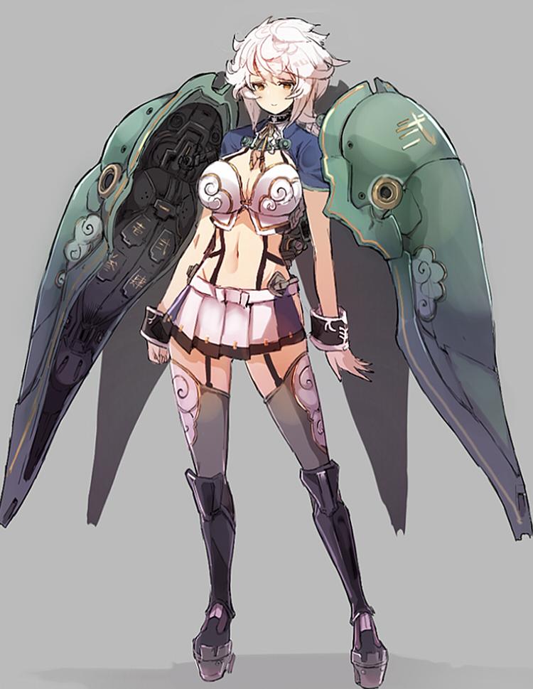 1girl arms_at_sides braid breasts cleavage_cutout cloud_print garter_straps green_legwear gundam gundam_unicorn high_heels kantai_collection kshatriya light_smile long_hair mecha_musume miniskirt pleated_skirt short_sleeves silver_hair single_braid skirt solo sumisu_(mondo) tareme thigh-highs unryuu_(kantai_collection) very_long_hair wavy_hair wrist_cuffs yellow_eyes