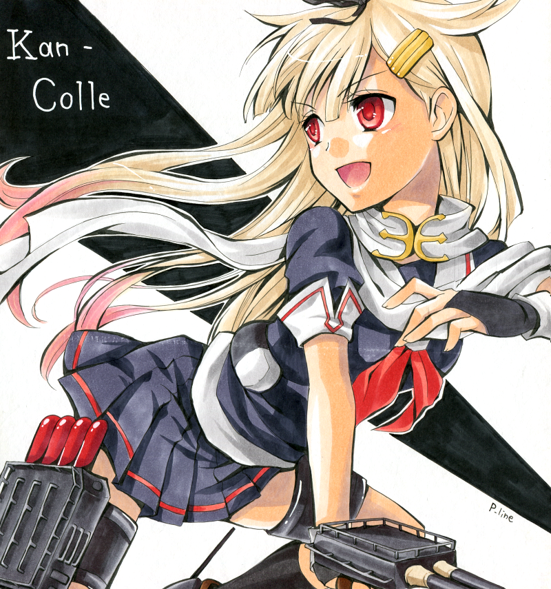 &gt;:d 1girl :d blonde_hair bow fingerless_gloves gloves hair_bow hair_ornament hair_ribbon hairclip kantai_collection long_hair looking_at_viewer machinery open_mouth p-line pleated_skirt red_eyes ribbon scarf school_uniform serafuku skirt smile solo tagme yuudachi_(kantai_collection)
