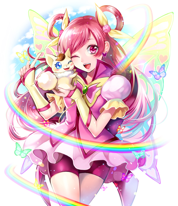 1girl ;d bike_shorts brooch butterfly butterfly_wings coco_(precure_5) creature cure_dream flower hair_flower hair_ornament hair_ribbon hair_rings jewelry long_hair magical_girl matsurika_youko one_eye_closed open_mouth pink_eyes pink_hair precure puffy_sleeves rainbow ribbon shorts_under_skirt skirt smile white_skirt wings wrist_cuffs yes!_precure_5 yes!_precure_5_gogo! yumehara_nozomi