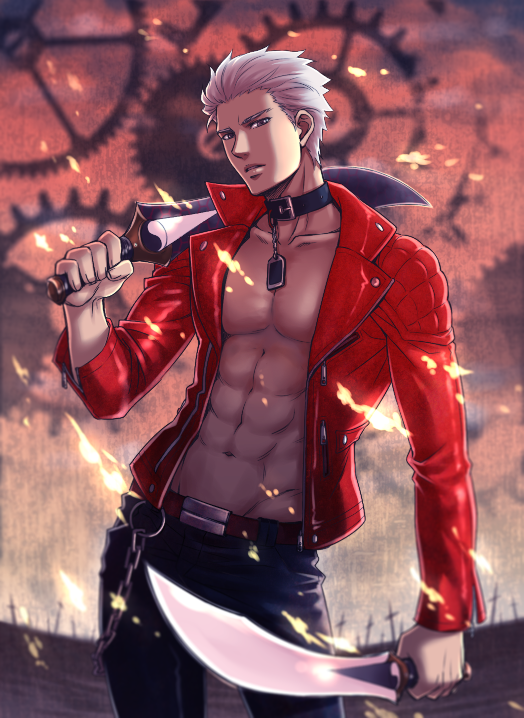 1boy archer dark_skin egmer fate/extra fate/extra_ccc fate/stay_night fate_(series) gears highres jacket kanshou_&amp;_bakuya red_jacket solo sword unlimited_blade_works weapon white_hair