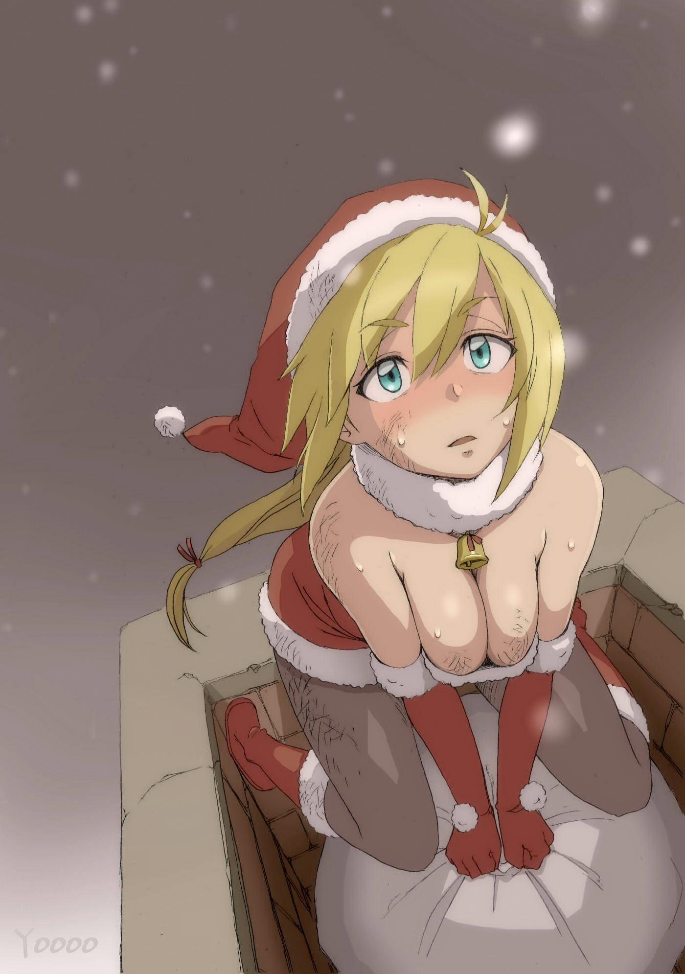 1girl aqua_eyes bell boots breasts chimney christmas cleavage dirty fur_trim hair_between_eyes hat highres long_hair looking_up original pantyhose revision santa_hat snow solo sweat yooo