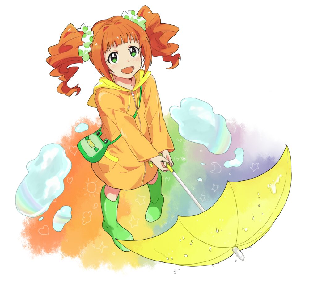 green_eyes idolmaster kuuko_(pannacotta) long_hair orange_hair raincoat smile takatsuki_yayoi twintails umbrella