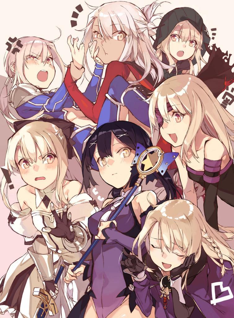 ! /\/\/\ 6+girls :d alo1i anger_vein armor bare_shoulders black_gloves black_hair blush braid caster_(cosplay) cheek_squash closed_eyes dark_skin detached_collar detached_sleeves excalibur eyepatch fate/kaleid_liner_prisma_illya fate_(series) gauntlets gloves hair_ornament hair_stick half_updo hand_on_own_cheek heart hood hoodie illyasviel_von_einzbern kaleido_sapphire kuro_(fate/kaleid_liner) lancer_(cosplay) leaning_forward leotard magical_girl miyu_edelfelt multiple_girls open_mouth ponytail rider_(cosplay) saber_lily_(cosplay) side_braid single_sleeve smile sword wand weapon white_hair wrist_grab yellow_eyes