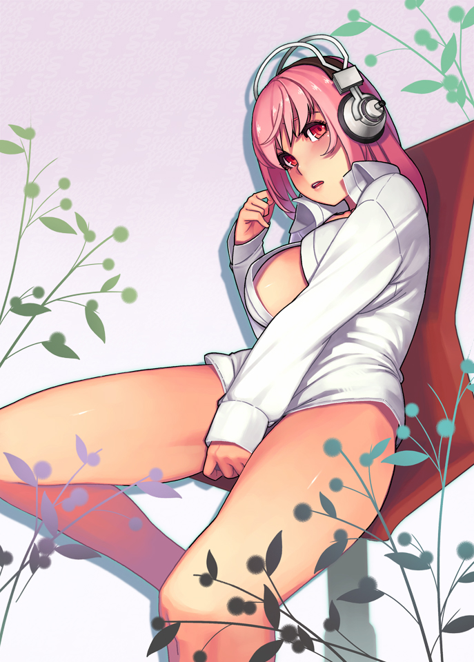 1girl blush breasts headphones large_breasts long_hair looking_at_viewer nitroplus open_clothes open_mouth open_shirt pink_hair red_eyes shirt sitting solo super_sonico white_shirt yuksi