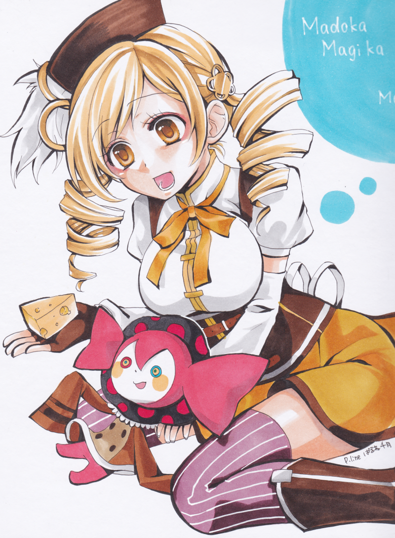 2girls :d blonde_hair charlotte_(madoka_magica) cheese detached_sleeves drill_hair hair_ornament hat mahou_shoujo_madoka_magica multiple_girls open_mouth p-line smile striped striped_legwear tagme tomoe_mami traditional_media twin_drills yellow_eyes