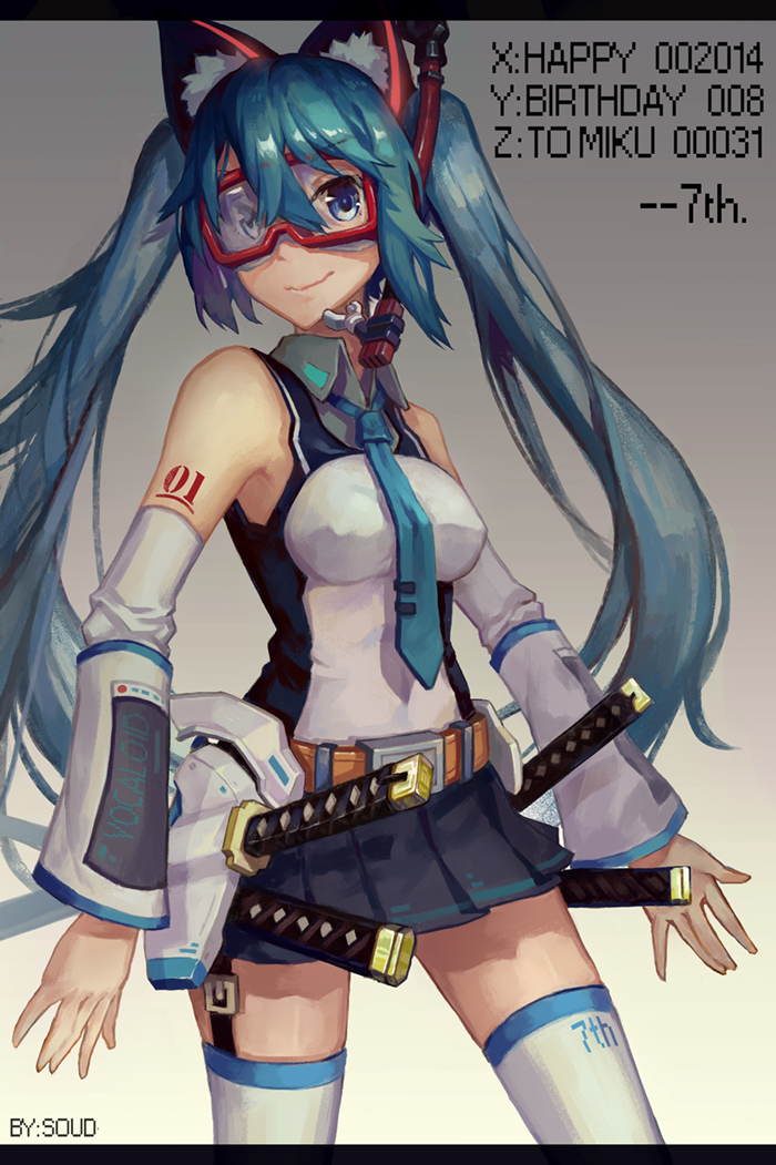 1girl adapted_costume animal_ears blue_eyes breasts cat_ears character_name goggles happy_birthday hatsune_miku jiaoshouxingfa katana kemonomimi_mode looking_at_viewer necktie skirt smile solo sword thigh-highs twintails vocaloid weapon zettai_ryouiki