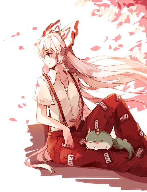 1girl :3 bow fujiwara_no_mokou hair_bow horn_ribbon horns kamishirasawa_keine kamishirasawa_keine_(hakutaku) long_hair pants petals red_eyes ribbon shirt short_sleeves shuzi silver_hair sitting sukusuku_hakutaku suspenders touhou very_long_hair wind