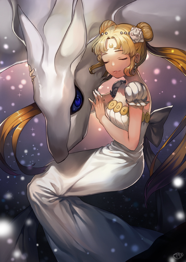 1girl bishoujo_senshi_sailor_moon blonde_hair blue_eyes closed_eyes color_connection creature crescent double_bun dragon dress earrings facial_mark flower forehead_mark hair_flower hair_ornament jewelry light_particles long_hair naguri pokemon pokemon_(game) pokemon_xy princess_serenity reshiram rose smile tsukino_usagi twintails white_dress white_rose