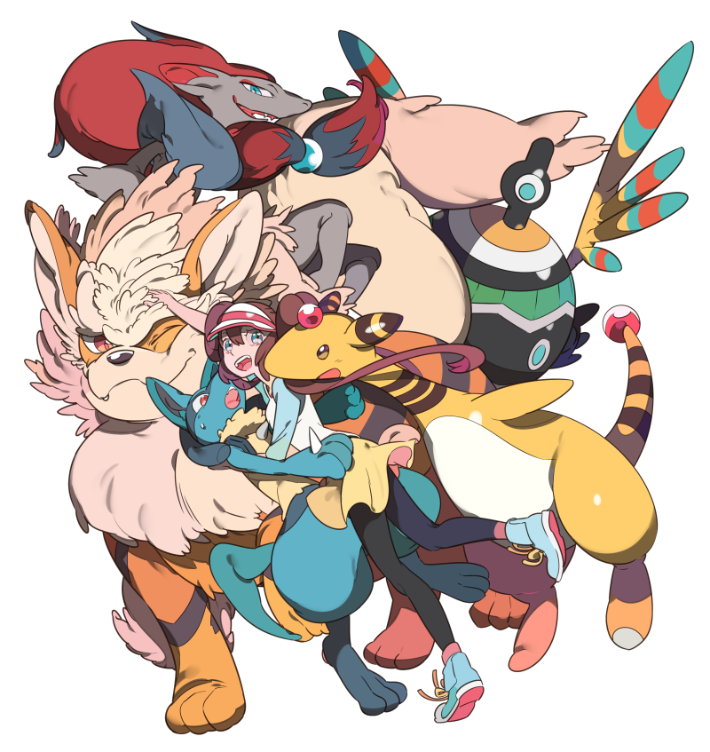 1girl ampharos arcanine black_legwear blue_eyes brown_hair double_bun glomp hug long_hair lucario maruco mei_(pokemon) open_mouth pantyhose pokemon pokemon_(creature) pokemon_(game) pokemon_bw2 raglan_sleeves shorts sigilyph twintails very_long_hair visor_cap white_background zoroark