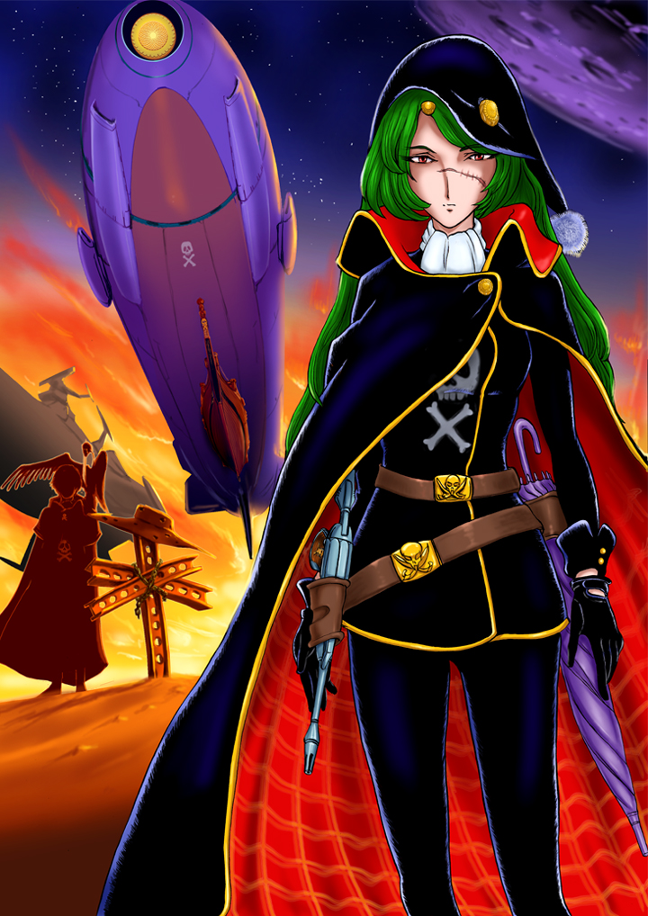 1boy 1girl animal_on_shoulder battleship belt bird bird_on_shoulder black_pants breasts cape cravat gloves grave green_hair hair_ornament hairclip harlock harlock_(cosplay) harlock_saga hayachine holster iron_cross kazami_yuuka kazami_yuuka_(pc-98) laser long_hair long_sleeves pants plaid planet red_eyes silhouette skull_and_crossbones space space_craft sunset tagme touhou touhou_(pc-98) umbrella