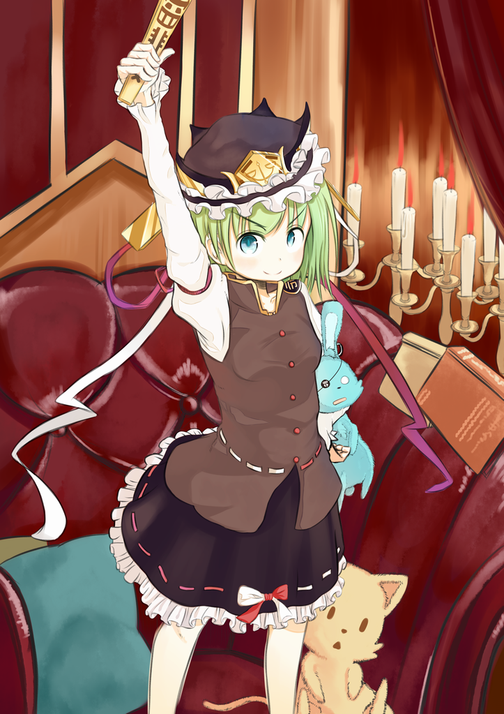 1girl blue_eyes book candelabra candle fire flame frilled_hat frilled_skirt frills green_hair hat hoshifune rod_of_remorse shikieiki_yamaxanadu shirt short_hair skirt stuffed_animal stuffed_bunny stuffed_cat stuffed_toy touhou vest