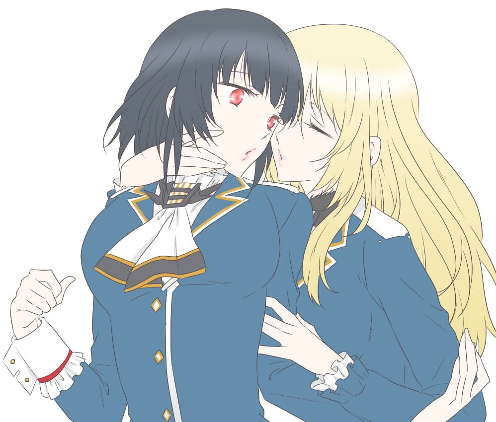 2girls ascot atago_(kantai_collection) black_hair blonde_hair bust closed_eyes hand_on_another's_face kantai_collection long_hair multiple_girls red_eyes short_hair takao_(kantai_collection) udon_(shiratama) yuri