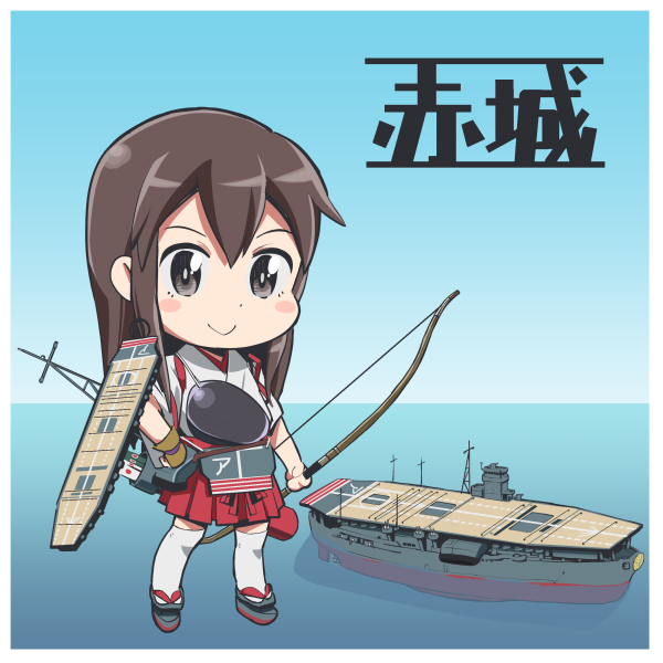 1girl aircraft_carrier akagi_(kantai_collection) character_name japanese_clothes kantai_collection looking_at_viewer ocean pleated_skirt shiden-raiden skirt sky solo thigh-highs zettai_ryouiki