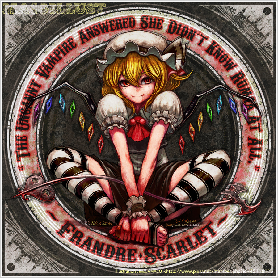 1girl blonde_hair english flandre_scarlet full_body hat knees_apart_feet_together light_smile looking_at_viewer maco_(macoillust) red_eyes short_hair sitting solo striped striped_legwear thigh-highs touhou v_arms watermark web_address wings