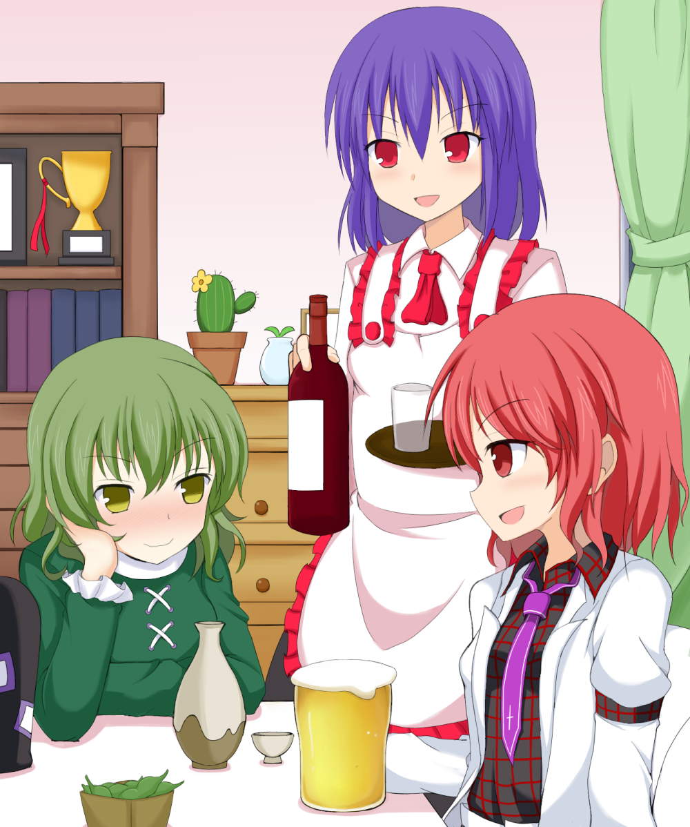 :d alcohol arm_support beer blue_hair blush cactus curtains fenikkusu_takahashi green_eyes green_hair hat hat_removed headwear_removed horikawa_raiko nagae_iku no_hat open_mouth plant potted_plant power_connection red_eyes redhead short_hair smile soga_no_tojiko touhou