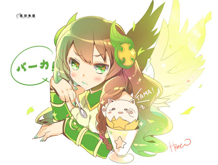 1girl bare_shoulders blush braid brown_hair cup elbow_rest feathered_wings fingernails green_eyes green_lipstick green_nails heco_(mama) holding holding_spoon lipstick long_hair looking_at_viewer makeup petals puzzle_&amp;_dragons simple_background single_braid sleeveless solo spoon star tamadra valkyrie valkyrie_(p&amp;d) vambraces wavy_hair white_background wings