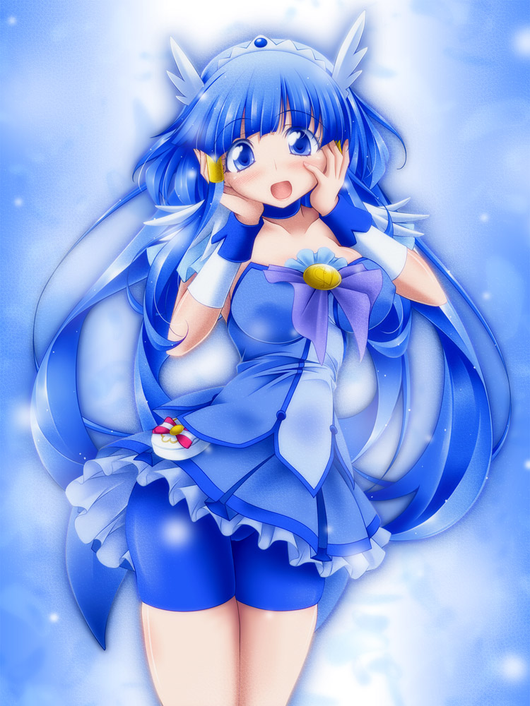 1girl :d aoki_reika bike_shorts blue blue_background blue_eyes blue_hair blue_skirt blush brooch cure_beauty hair_tubes hands_on_own_face head_wings jewelry kikuchi_tsutomu long_hair magical_girl open_mouth payot precure shorts_under_skirt skirt smile smile_precure! solo tiara wrist_cuffs