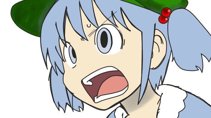 1girl blue_eyes blue_hair hair_bobbles hair_ornament hat kawashiro_nitori naganohara_mio nichijou open_mouth parody short_hair short_twintails solo style_parody sweat sweatdrop touhou twintails