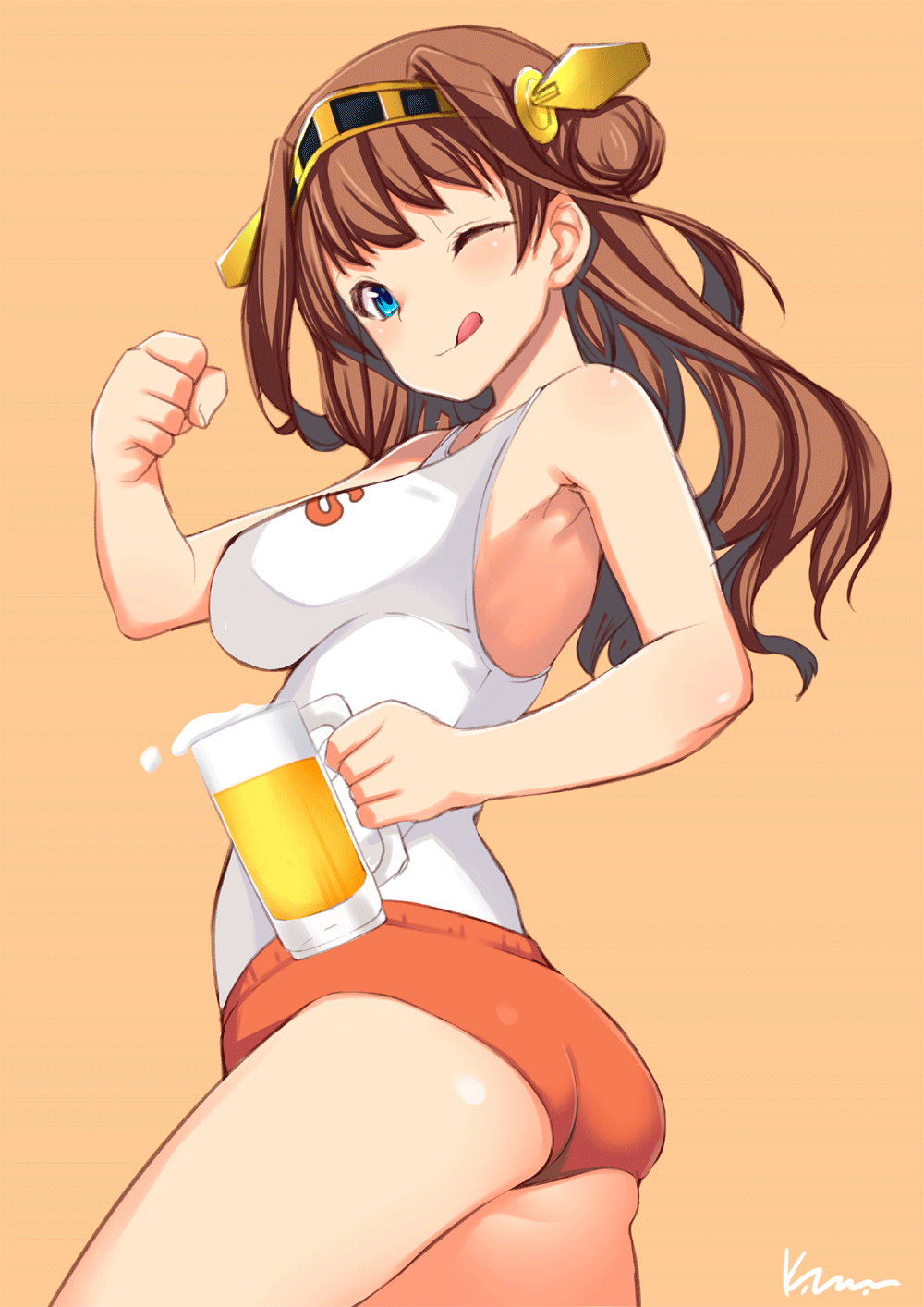 1girl ;q alcohol alternate_costume ass beer breasts brown_hair clenched_hand cup double_bun headgear highres hooters impossible_clothes impossible_shirt kanna_kanaki kantai_collection kongou_(kantai_collection) long_hair mug orange_background short_shorts shorts solo tongue tongue_out wink