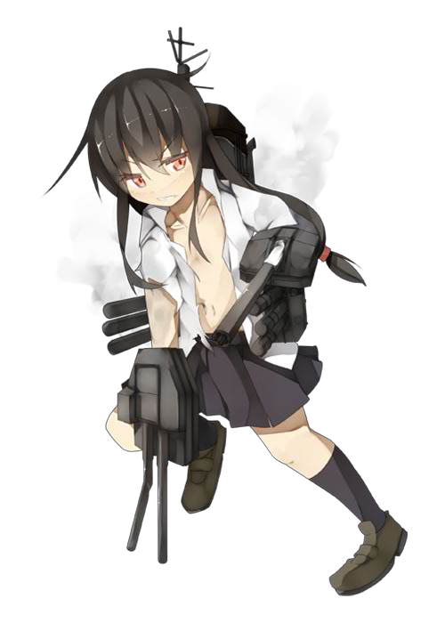 1girl and_dokari black_hair black_skirt blush clenched_teeth collarbone collared_shirt damaged flat_chest full_body hatsushimo_(kantai_collection) kantai_collection loafers long_hair long_sleeves low-tied_long_hair machinery midriff navel official_art open_clothes open_shirt red_eyes shirt shoes skirt smoke solo torn_clothes torn_shirt transparent_background turret white_shirt